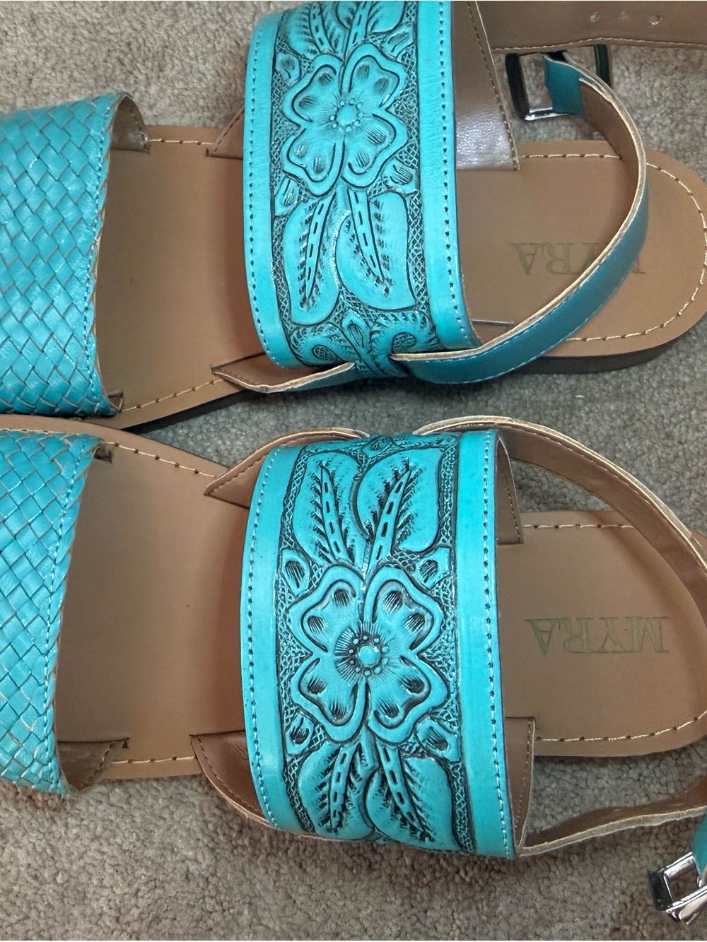 Myra Turquoise Hand Tooled Leather Sandals - Picture 2 of 7